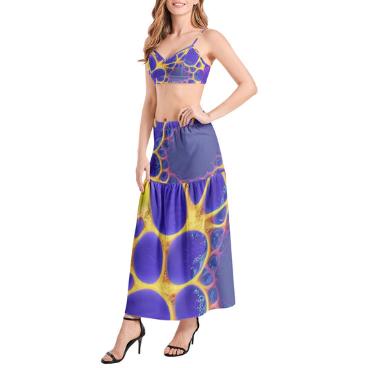 shons yellow bees on purple Bralette Top and High Slit Thigh Skirt Set