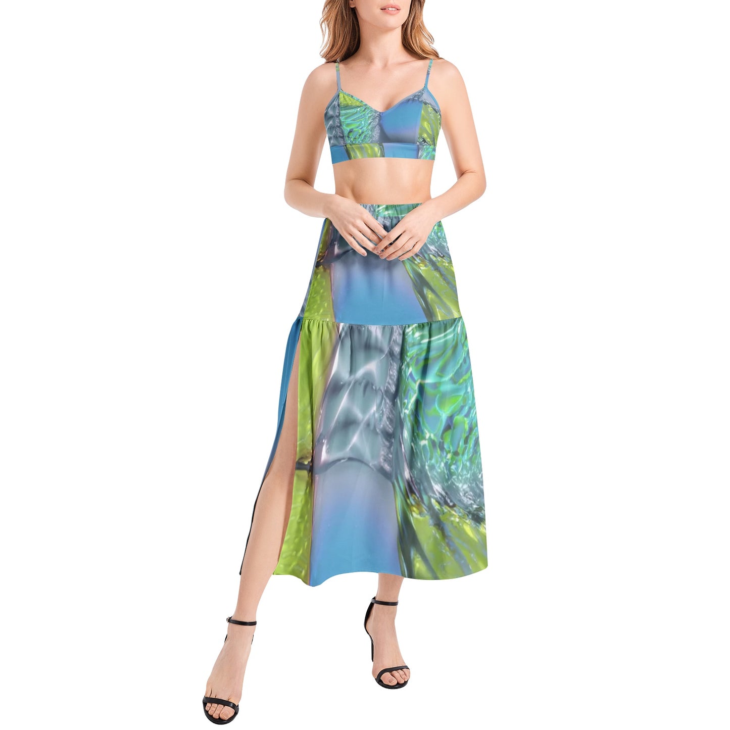 shons wet blue water Bralette Top and High Slit Thigh Skirt Set