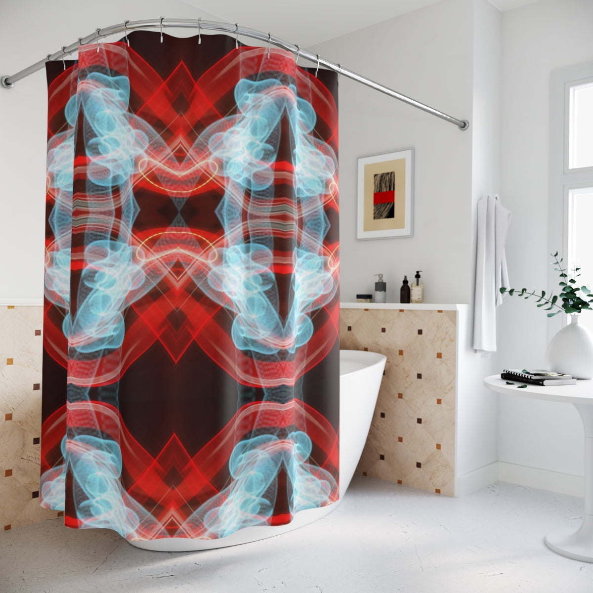 Art Deco Polyester Shower Curtain 70s Blue Red Psychedelic shons lightpainting